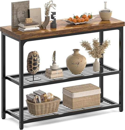 32" Small Console Table with Storage, Narrow Entryway Table, Sofa Table for Living Room, Sturdy 3-Tier Console Tables for Living Room, Hallway, Foyer & Bedroom, Rustic Brown