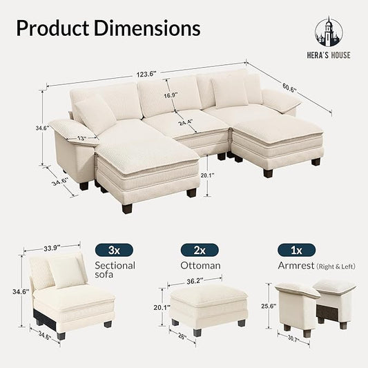 HERA'S HOUSE Oversized Modular Sectional Sofa, 124" U Shaped Cloud Couch with Ottoman and Throw Pillow, Mixed Fabric Sleek Couches for Living Room, Beige