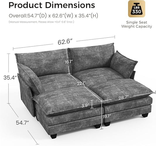 KKL Modular Sectional Sofa Bed, 4 Seater Convertible L-Shaped Sleeper Cloud Couch with Ottoman, Chenille Sectional Couches for Living Room, Apartment Grey