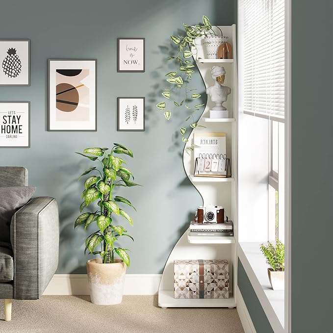 Tribesigns Corner Shelf, Modern 5-Tier Wall Corner Bookshelf, Stylish Corner Small Bookcase Storage Rack Plant Stand with Unique Shape for Living Room, Home Office (White, 1PC)