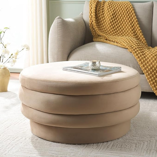 SAFAVIEH Home Collection Rohan Tan Velvet Layered Stacked Cocktail Ottoman (Fully Assembled)