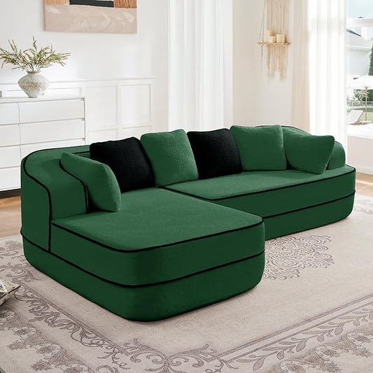 Cloud Sectional Sofa Modern Boneless Couch for Living Room, Comfy Deep Seat Comfy Teddy Fabric Double Sofa Chaise No Assembly Required (Green, 106" L Shape with Left Facing)