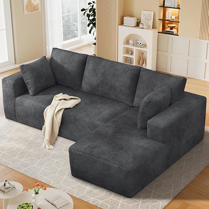 108” Cloud Sectional Couch, Modular Sectional Sofa with Deep Seat, Corduroy Boneless Couches with Chaise for Living Room Bedroom, No Assembly Required
