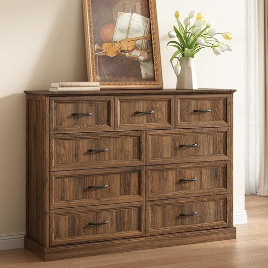 CARPETNAL Farmhouse 9 Drawer Dresser for Bedroom, 55 Inch Wide Modern Brown Dresser TV Stand with Large Drawers & Bar Handles, Rustic Wood Chest of Drawers for Bedroom, Living Room, Hallway, Entryway.
