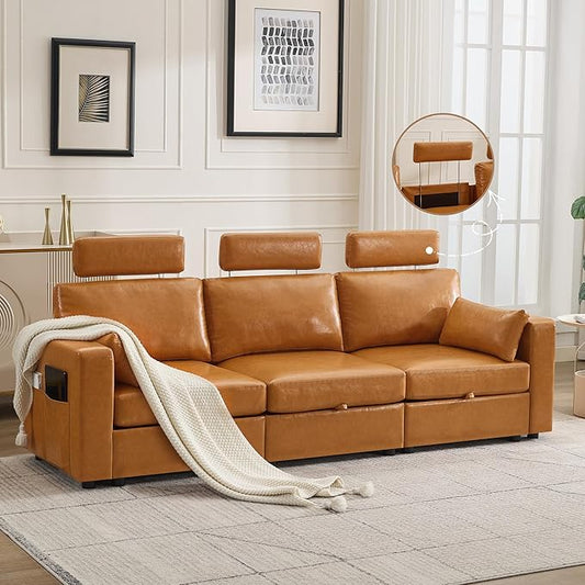 98.2" Oversized 3 Seater Storage Couch, Faux Leather Modular Sectional Sofa with Headrest & Side Pockets, Cloud Upholstered Couches Deep Seat, Sofas for Living Room Apartment Small Spaces, Brown