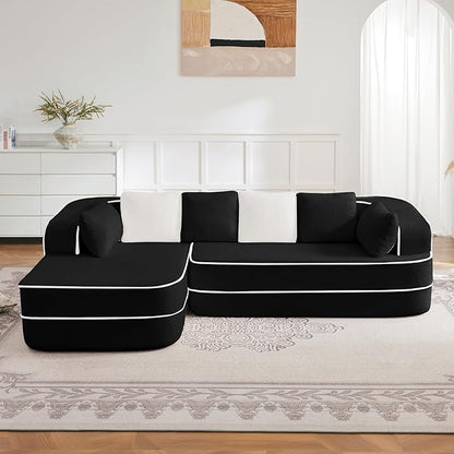 Cloud Sectional Sofa Modern Boneless Couch for Living Room, Comfy Deep Seat Comfy Teddy Fabric Double Sofa Chaise No Assembly Required (Black, 106" L Shape with Left Facing)
