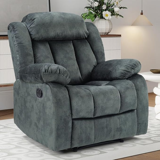 INZOY Manual Recliner Chair with Padded Armrest, Wall-Hugger Single Sofa Recliners with Overstuffed Back, Classical Fabric Reclining Chairs for Living Room Theater Seating, Grey