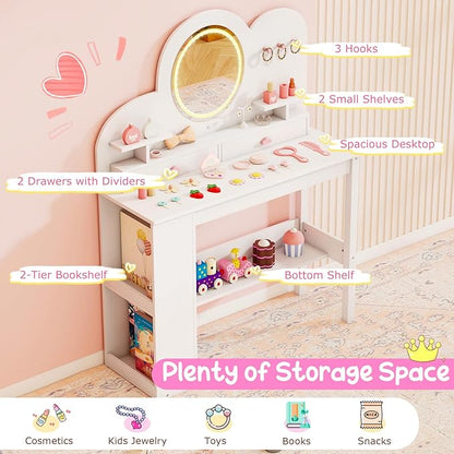 Costzon Kids Vanity, Girls Vanity Set with Lighted Mirror, Bookshelf, Drawers, Hooks & Storage Shelves, Toddler Makeup Vanity Desk Dressing Table, Wooden Kids Vanity Table and Chair Set (White)