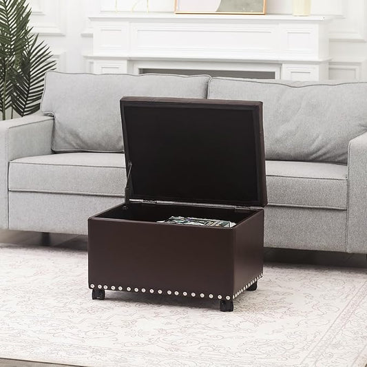 Leather Storage Ottoman Bench with Steerable Rolling Wheels, Rectangle 24 Inch Foot Rest Ottomans Stool for Living Room Bedroom (Vintage Brown)