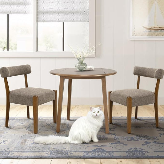 Modern Dining Chairs Set of 2, Walnut Upholstered Kitchen & Dining Room Chairs, Mid Century Wooden Dining Chairs Oversized Sturdy Fabric Rounded Chairs Curved Back, Tan Brown