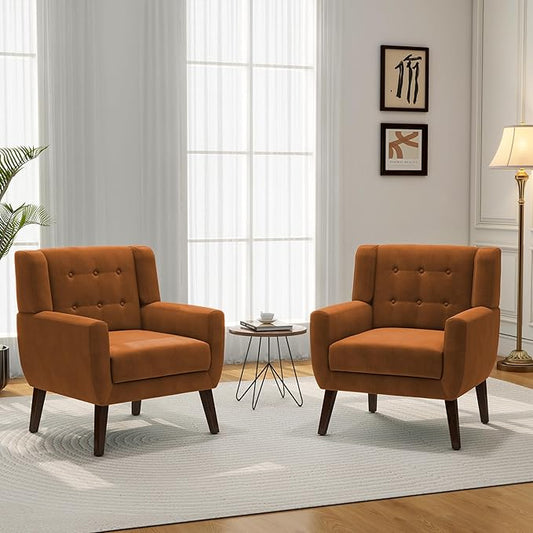 Accent Chair, Modern Velvet Arm Chair for Living Room, Bedroom, Comfy High-Resilient Sponge Reading Chair for Small Spaces （Velvet Orange, Set of 2