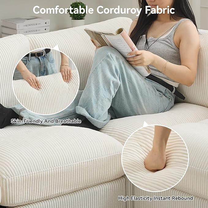 87'' U-Shaped Sectional Sofa with Ottoman, 5-Seater Modular Couches for Living Room, Corduroy Deep Seat Cloud Sofa with Center Stitched, Beige