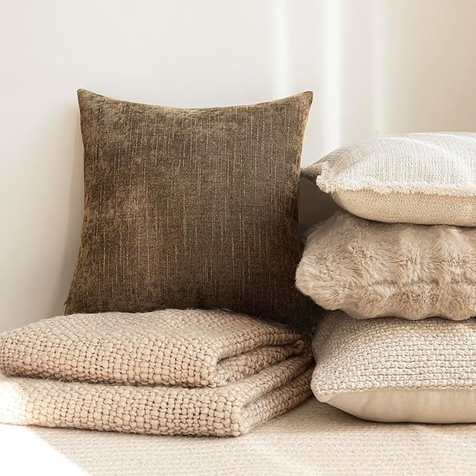 Foindtower Pack of 2 Soft Textured Chenille Throw Decorative Pillow Covers Square Accent Solid Cushion Cover Neutral Farmhouse Pillow Case for Couch Sofa Bedroom Living Room 24x24 Inch,Taupe Brown
