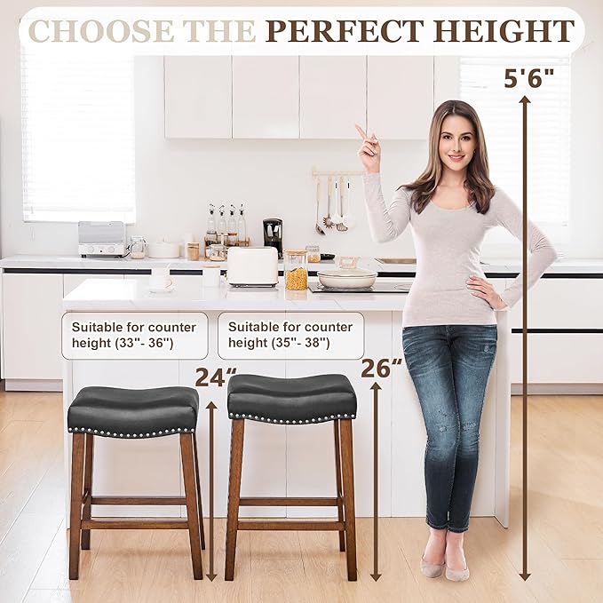PrimeZone Counter Height Bar Stools Set of 8 - Backless Saddle Barstools with 4.3" Thick Upholstered, Nailhead Trim Faux Leather & Solid Wood Legs, 26 Inch Counter Stools for Kitchen Island, Black