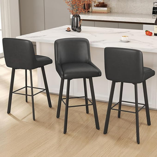 Swivel Bar Stools, 30''H Upholstered Barstools with Backs, Modern Counter Height Bar Stool Chairs for Kitchen Island, Metal Legs (Black- Faux Leather, Set of 3-30" H)