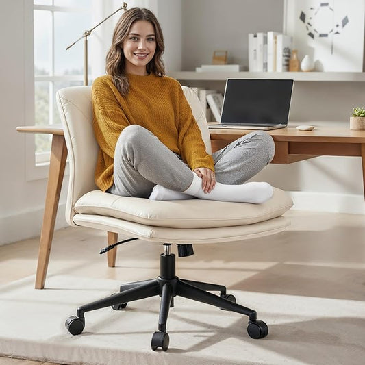 NYPOT Armless Desk Chair with Wheels for Criss Cross Sitting - Cross Legged Wide Armless Chair - Adjustable Vanity 360° Swivel Stool and 120° Rocking Wide Seat Comfy for Home and Office, Color Ivory
