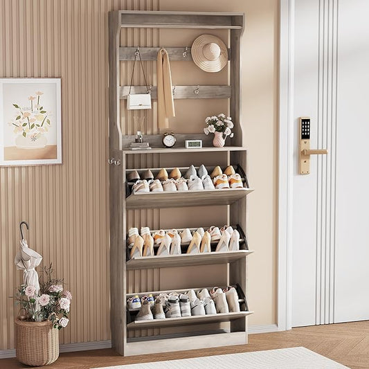 Shoe Storage Cabinet, Wood Shoe Organizer for Entryway with 3 Flip Drawers, Freestanding Shoe Rack with Adjustable Shelf, Narrow Shoe Dresser for Front Door Entrance(Grey, 78.74" x 31.5" x 9.37")