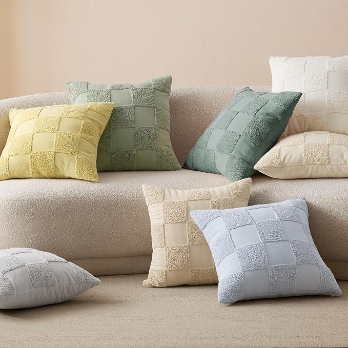 Double Stitch Checkered Throw Pillow Covers - 100% Cotton Set of 2 Tufted Boho Decorative Pillow Covers 20x20, Made in India, Square Cushion Case, Modern Home Decor for Couch, Sofa, Living Room, Cream