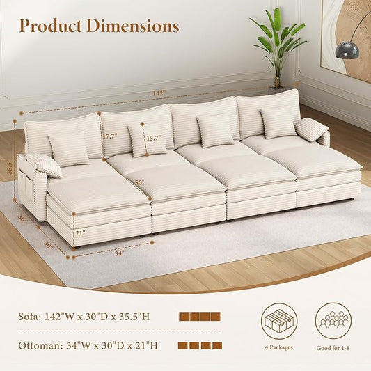 Vesgantti 142" Oversized Sectional Sofa Bed, 8-Seater Modular Sleeper Cloud Couch with Movable Ottoman, Corduroy Convertible Sofa Set Deep Seat Couches for Living Room, Bedroom and Apartment, Beige