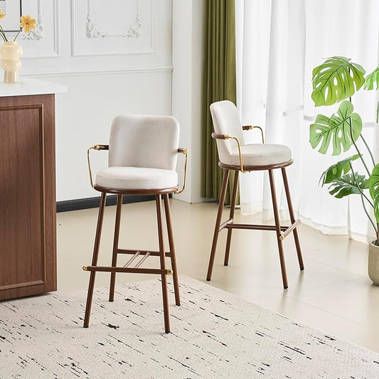 Christopher Knight Home Sybul Fabric Upholstered Counter Height Bar Stools Set of 2, Metal Stool Chair for Kitchen Island with Thick Padded Seat, Counter Stool with Footrest, Light Beige+Walnut