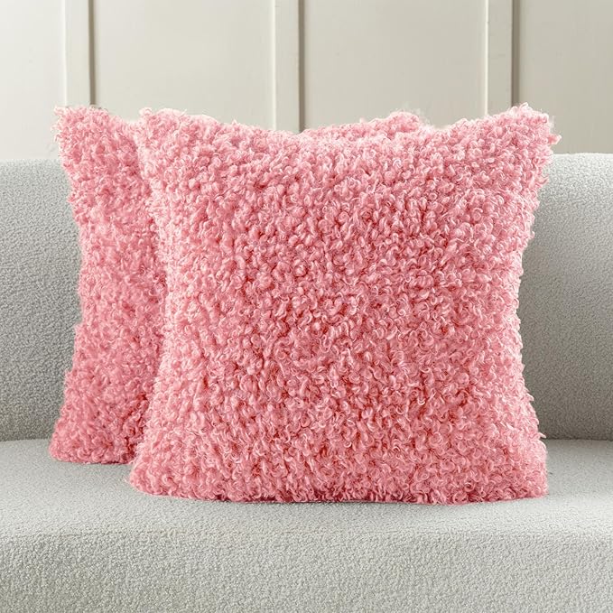 FUTEI Pink Decorative Throw Pillow Covers 24x24 Inch Set of 2,Soft Fluffy Faux Wool Fur Boucle Textured European Cushion Case,Modern Home Decor for Couch Bed Living Room Office