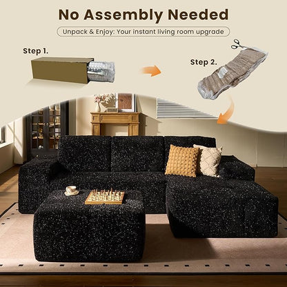 114" Glitter Cloud Sectional Couch with L-Shape Chaise & Ottoman, Modern Boneless Couches for Living Room, Fluffy Tufted Deep Seat Modular Sofa No Assembly (Black Sparkly Velvet,Right Facing)