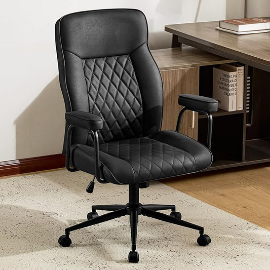 Leather Home Office Desk Chairs, Comfy Office Chair, Mid Century Modern Office Chair with Lumbar Support, Mid-Back Adjustable Swivel Computer Chair with Wheels and Arms, Black