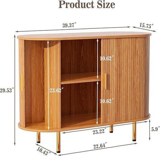 DHH Storage Cabinet, Fluted Sideboard Buffet Cabinet with Tambour Sliding Doors& Adjustable Shelf, Accent Coffee Bar Console Table for Kitchen, Living Room, Entryway (Yellow walnut40 Inch)