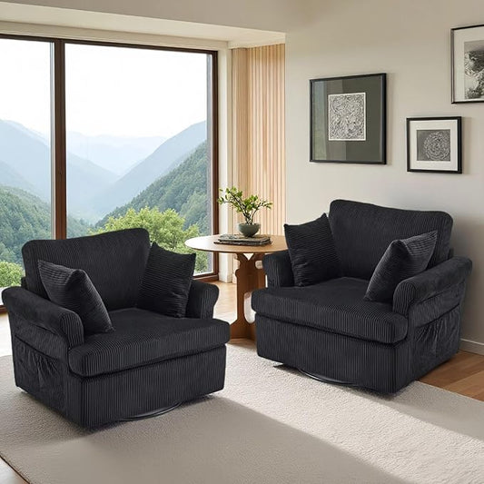 Karl home Swivel Accent Chair Set of 2, 39" Oversized Armchair W/2 Pillows and 4 Pockets,Modern Corduroy Barrel Chairs,Comfy Single Sofa for Living Room,Reading,Bedroom and Office-Black