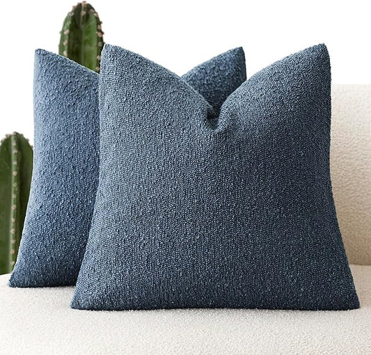 Foindtower Set of 2, Decorative Textured Boucle Throw Pillow Covers Accent Solid Pillow Cases Neutral Couch Cushion Case for Chair Sofa Bedroom Living Room Home Decor 24x24 Inch Dark Blue