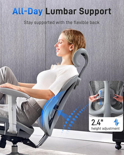 Ergonomic Office Desk Chair, Comfortable Computer Gaming Chair, Breathable Mesh Back & Seat, Adjustable Armrest & Headrest, Lumbar Support, Butterfly Design for Home Office (Gray)