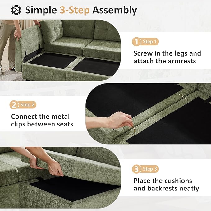 VANOMi 118" Cloud Sectional Couches for Living Room, 8 Seater Convertible Modular Sectional Sofa Bed, Comfy Chenille Sofas & Couches for Living Room, Apartment, Office, Green, Large Sofa Bed