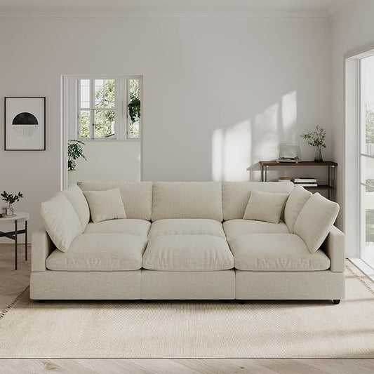 Linen Modular Sectional Sofa Cloud Couch for Living Room,Sleeper Sofa Bed,95.4 Inch Couches Cushion Covers Removable,Cozy Feather Down Sofa for Apartment Beige