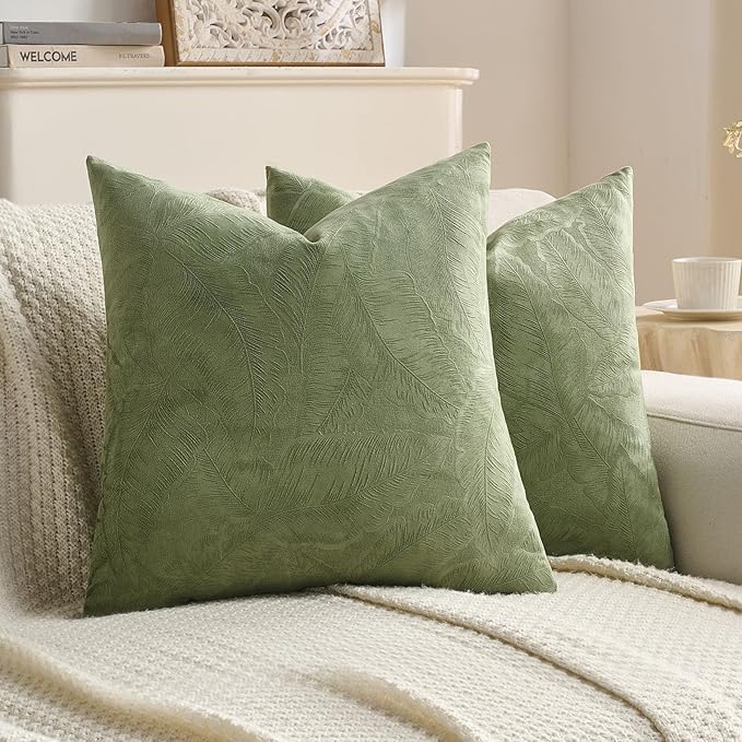 FUTEI Sage Green Velvet Throw Pillow Covers 16x16 Inch Set of 2,Soft Embossed Leaf-Relief Textured Cushion Cases,Natural Home Decor for Couch Living Room