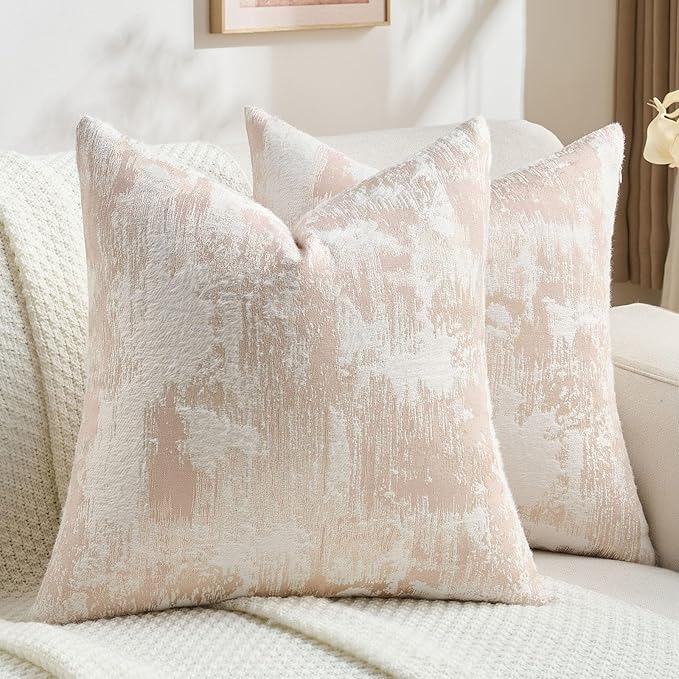 FUTEI Pink White Decorative Throw Pillow Covers 18x18 Inch Set of 2,Soft Faux Cashmere Jacquard - Textured & Cozy Cushion Case,Modern Home Decor for Couch Bed Living Room