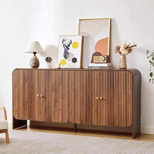 59” Large Buffets Sideboard Cabinet with Storage, Fluted Curved Credenza Buffet Table Storage Cabinet with 4 Doors, Modern Wood Accent Console Table Coffee Bar for Living Room Kitchen Hallway, Walnut
