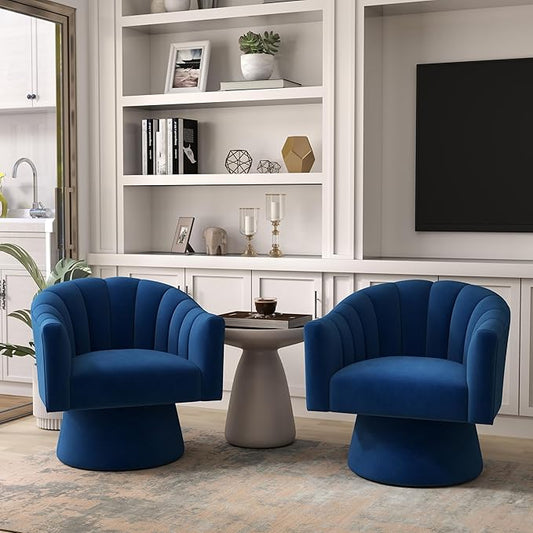 Swivel Accent Chair Set of 2, Upholstered Velvet 360° Swivel Barrel Chair for Living Room Overstuffed Bouncle Reading Chair Round Armchair for Bedroom,Vanity,Office (Navy)