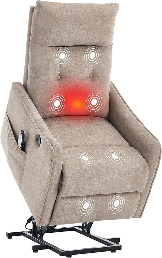 PELUMY Manual Lift Recliner Chair with Massage and Heat for Elderly, Single Motor Electric Lift Chair, Heavy Duty Recliner with USB Charging & Side Pockets (Chenille, Khaki)