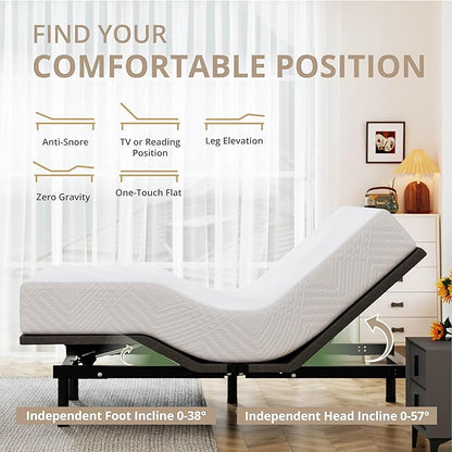 Full Adjustable Bed Base Frame with Wireless Remote + 10 Inch Full Green Tea Gel Memory Foam Mattress Bed in a Box, Head and Foot Incline, Zero Gravity, Fiberglass Free, 75" × 54"