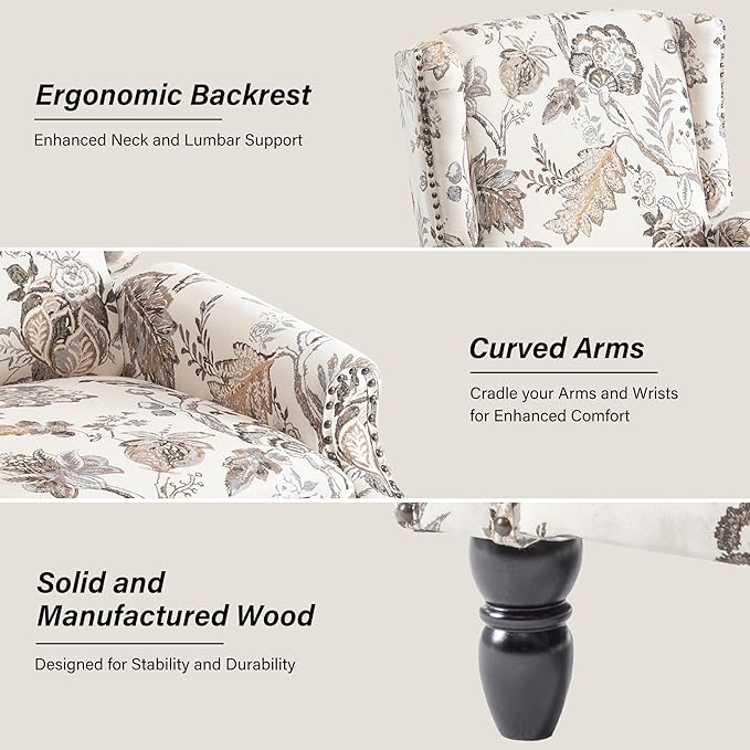 Recliner Chair, Upholstered Wingback Floral Pushback Armchair with Adjustable Backrest & Footrest, Comfy Accent Chair for Small Spaces, Living Room, Bedroom-Plants Beige, Set of 1