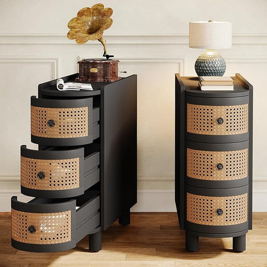 Tribesigns 3-Drawer Rattan End Table, Sofa Side Table with Vintage Embossed Handles, Slim Nightstand for Living Room, Bedroom, Finished Back, No Assembly (Black & Oak, 2PCS)