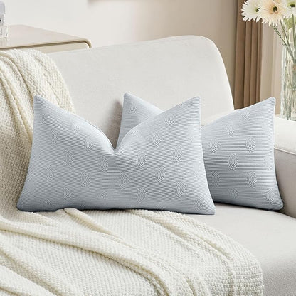 FUTEI Light Blue Chenille Decorative Throw Pillow Covers 12x20 Inch Set of 2,Soft Cozy Striped Geometric Patterns Lumbar Pillow Cases,Modern Home Decor for Couch Bed Living Room
