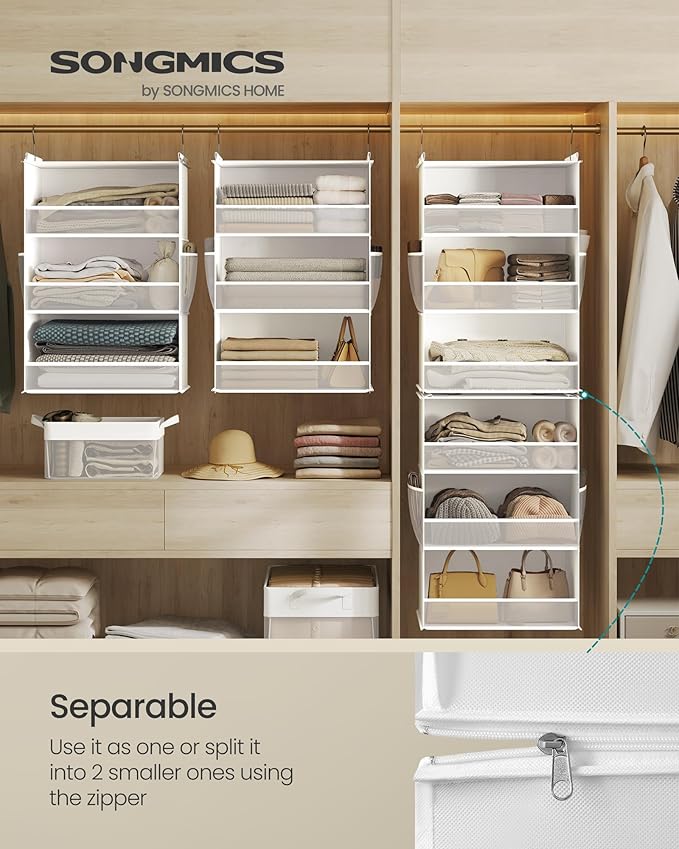 SONGMICS Hanging Closet Organizer, 6-Tier Fabric Storage Shelf, Separable Closet Hanging Shelf with Side Pockets, Foldable, Metal Hooks and Bamboo Inserts, Cloud White URCH007W01