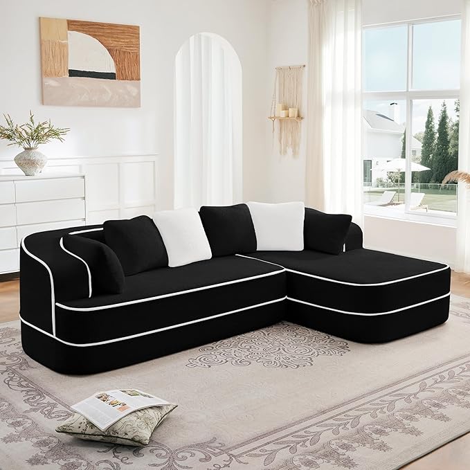 106" Cloud Sectional Sofa, Modern Boneless Couch for Living Room, Deep Seat Comfy Teddy Fabric L Shaped Sofa Chaise, No Assembly Required (Black, 106" L Shape with Right Facing Chaise)