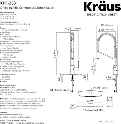 KRAUS Oletto Commercial Style Single Handle Pull Down Kitchen Faucet with QuickDock Top Mount Installation Assembly in Spot Free Antique Champagne Bronze, KPF-2631SFACB