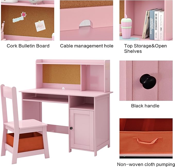TaoHFE Pink Toddler Table and Chair Set,Wooden Kids Table and Chairs for Studying and Crafting, Kids Desk with Storage Kid Bedroom Furniture, Girl Table for Girls Pink
