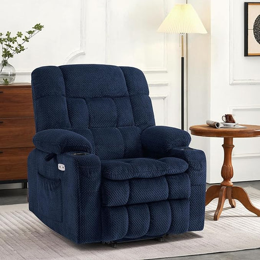 MCombo Dual Motor Power Lift Recliner Chair for Elderly, Lay Flat Lift Chair with Heat and Massage, Petite Lift Chair, Cup Holders, USB A&C Ports, Fabric 7893 (Small, Navy Blue)