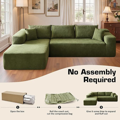 106" Cloud Sectional Couch with Chaise Lounge,L Shaped Modular Modern Sofa,Comfy Velvet Fluffy Couches with Deep Seat,No Assembly Required Couch for Living Room (Left,Cloudy Velvet,Green)