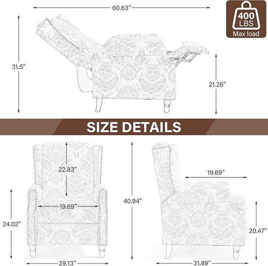 UIXE Pushback Floral Recliner Chair, Fabric Upholstered Armchair Push Back Accent Chair for Living Room, Rivet Trim Club Chair Home Theater Single Sofa Bedroom Reading Seat - Bird