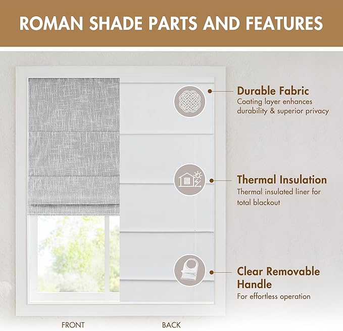Madison Park Cordless Roman Shades, Total Blackout Window Blind Privacy Window Shades, Thermal Insulated Cordless Window Treatment for Bedroom, Living Room, Quincy, Single Panel 31"W x 64"H Light Grey